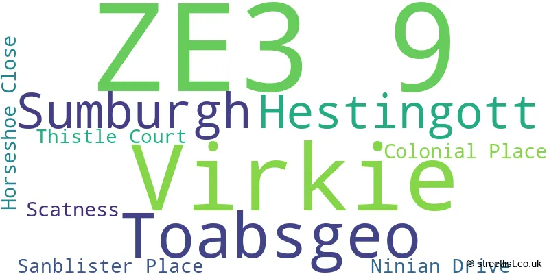 A word cloud for the ZE3 9 postcode